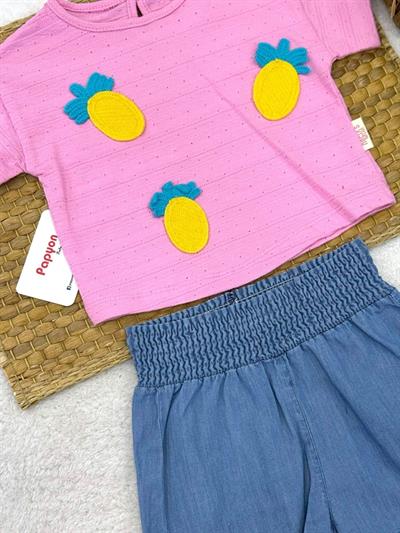 Ananas Aplikeli Jakarlı Badili Kot Şortlu Kız Bebek Takım (6-9/9-12/12-18/18-24 Ay)