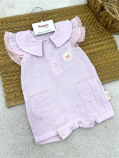 Armalı Kolları Güpürlü Kız Bebek Müslin Şort Tulum (3-6/6-9/9-12 Ay)