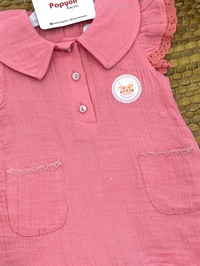 Armalı Kolları Güpürlü Kız Bebek Müslin Şort Tulum (3-6/6-9/9-12 Ay)