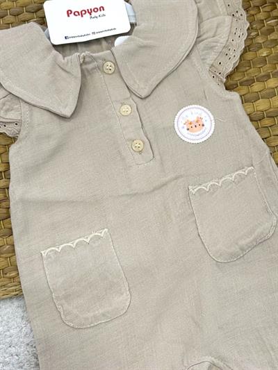 Armalı Kolları Güpürlü Kız Bebek Müslin Şort Tulum (3-6/6-9/9-12 Ay)