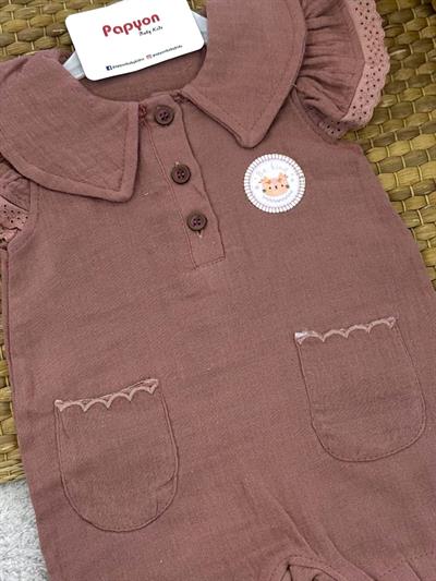 Armalı Kolları Güpürlü Kız Bebek Müslin Şort Tulum (3-6/6-9/9-12 Ay)