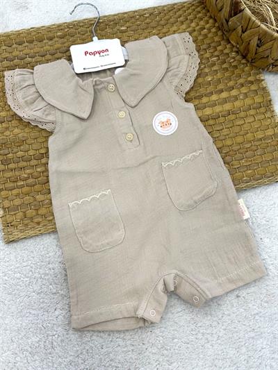 Armalı Kolları Güpürlü Kız Bebek Müslin Şort Tulum (3-6/6-9/9-12 Ay)