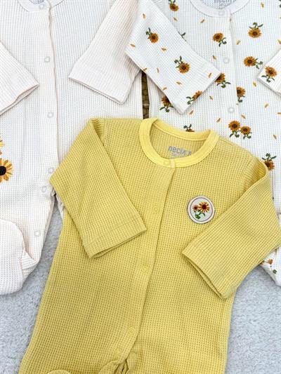Ayçiçek Baskılı Waffle Kumaş Kız Bebek 3lü Patikli Tulum Set(0-3/3-6 Ay)