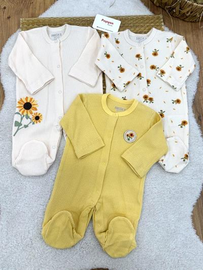 Ayçiçek Baskılı Waffle Kumaş Kız Bebek 3lü Patikli Tulum Set(0-3/3-6 Ay)