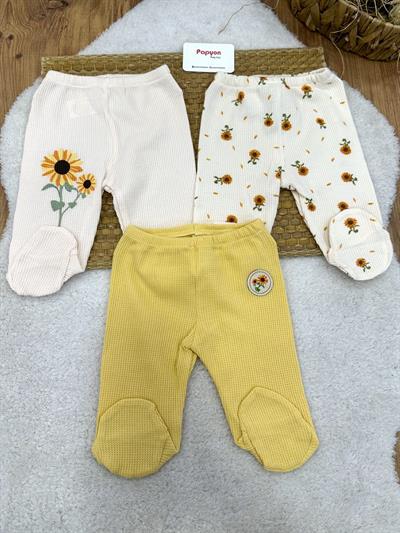 Ayçiçek Baskılı Waffle Kumaş Kız Bebek 3lü Patikli Alt (0-3/3-6 Ay)