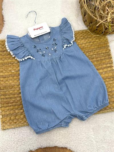 Ayers Çiçek Nakışlı Aplikeli Kız Bebek Yazlık Kot Şort Tulum (3-6/6-9/9-12 Ay)