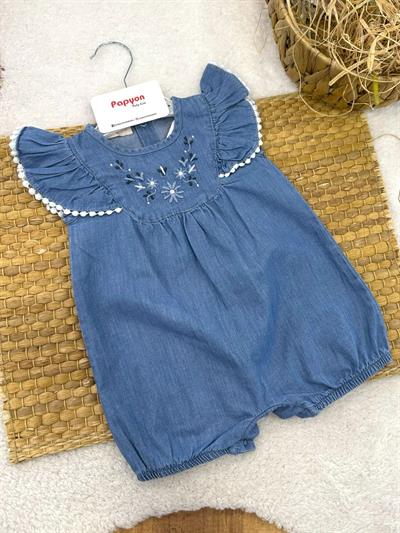 Ayers Çiçek Nakışlı Aplikeli Kız Bebek Yazlık Kot Şort Tulum (3-6/6-9/9-12 Ay)