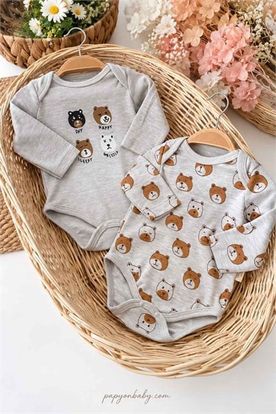 Ayıcık Desenli Erkek Bebek 2li Uzun Kollu Çıtçıtlı Badi Seti (%100 Pamuk)(0-3/3-6/6-9 Ay)