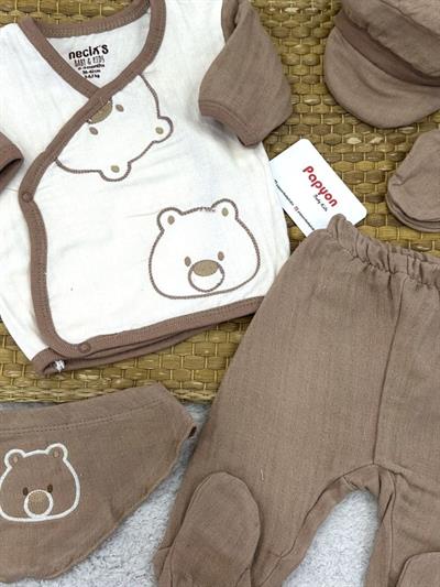 Ayıcık Nakışlı Yenidoğan Erkek Bebek Müslin 5li Zıbın Set