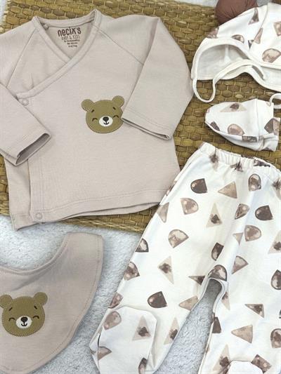 Ayıcık Nakışlı Yenidoğan Erkek Bebek 5li Zıbın Set