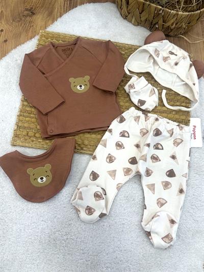 Ayıcık Nakışlı Yenidoğan Erkek Bebek 5li Zıbın Set