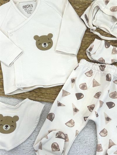 Ayıcık Nakışlı Yenidoğan Erkek Bebek 5li Zıbın Set