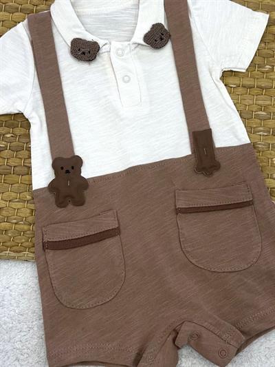 Ayıcık Yakalı Çift Cepli Erkek Bebek Yazlık Tulum (3-6/6-9/9-12/12-18 Ay)