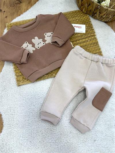 Ayıcıklar Nakışlı 3ip Şardonlu Erkek Bebek Takım (6-9/9-12/12-18/18-24 Ay)