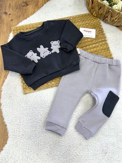 Ayıcıklar Nakışlı 3ip Şardonlu Erkek Bebek Takım (6-9/9-12/12-18/18-24 Ay)