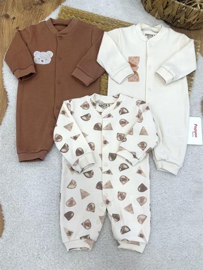 Bear Baskılı Erkek Bebek 3lü Manşetli Tulum (0-3/3-6 Ay)