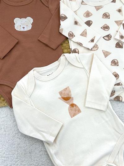 Bear Baskılı Erkek Bebek 3lü Uzun Kollu Çıtçıtlı Badi (0-3/3-6 Ay)
