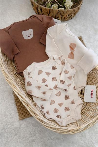 Bear Baskılı Erkek Bebek 3lü Uzun Kollu Çıtçıtlı Badi (0-3/3-6 Ay)