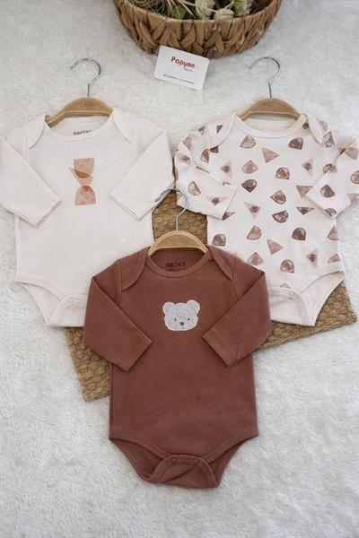 Bear Baskılı Erkek Bebek 3lü Uzun Kollu Çıtçıtlı Badi (0-3/3-6 Ay)