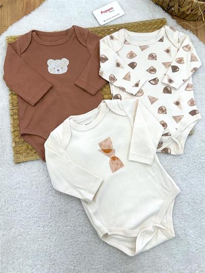 Bear Baskılı Erkek Bebek 3lü Uzun Kollu Çıtçıtlı Badi (0-3/3-6 Ay)
