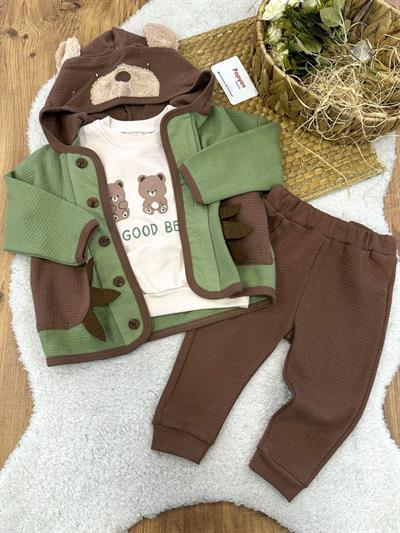 Bear Kapşonlu Ceketli Erkek Bebek 3lü Takım (9-12/12-18/18-24 Ay)