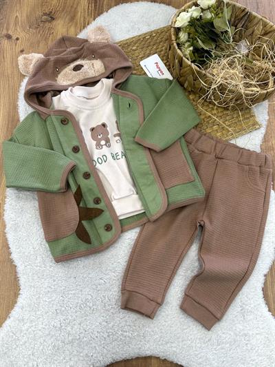 Bear Kapşonlu Ceketli Erkek Bebek 3lü Takım (9-12/12-18/18-24 Ay)