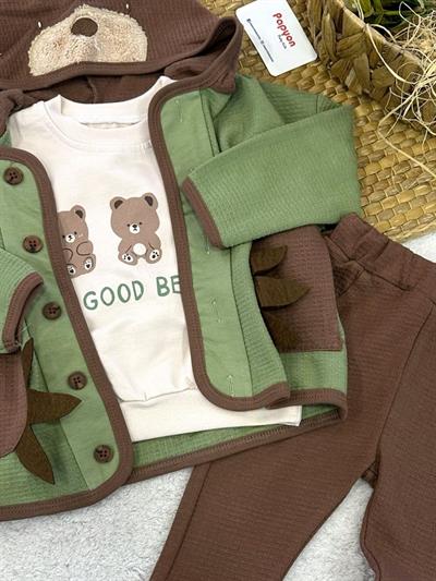 Bear Kapşonlu Ceketli Erkek Bebek 3lü Takım (9-12/12-18/18-24 Ay)