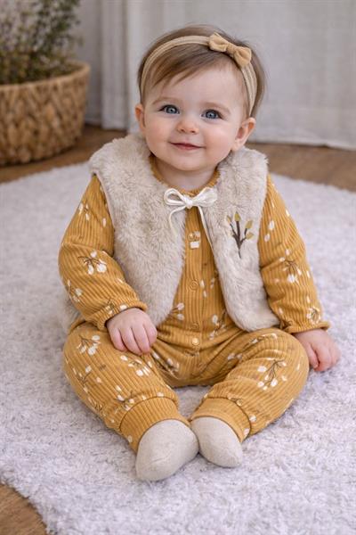 Botanik Dal Baskılı Tüylü Yelekli Kız Bebek Tulum Set (0-3/3-6 Ay)