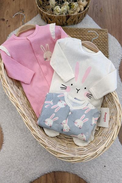Brüksel Tavşan Baskılı Fitilli Kız Bebek 3lü Patikli Tulum Set (0-3/3-6 Ay)