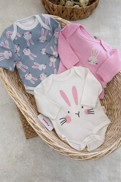 Brüksel Tavşan Baskılı Fitilli Kız Bebek 3lü Uzun Kollu Çıtçıtlı Badi Set (0-3/3-6 Ay)