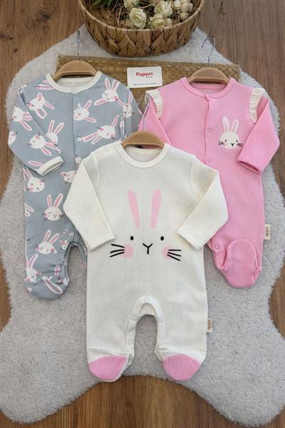 Brüksel Tavşan Baskılı Fitilli Kız Bebek 3lü Patikli Tulum Set (0-3/3-6 Ay)