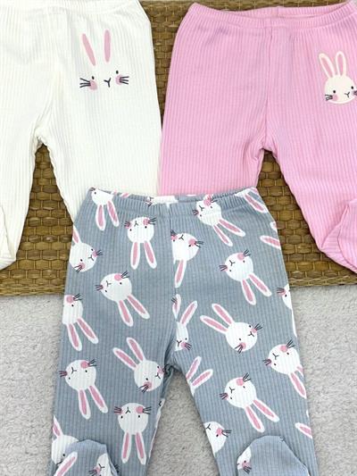 Brüksel Tavşan Baskılı Fitilli Kız Bebek 3lü Patikli Alt (0-3/3-6 Ay)