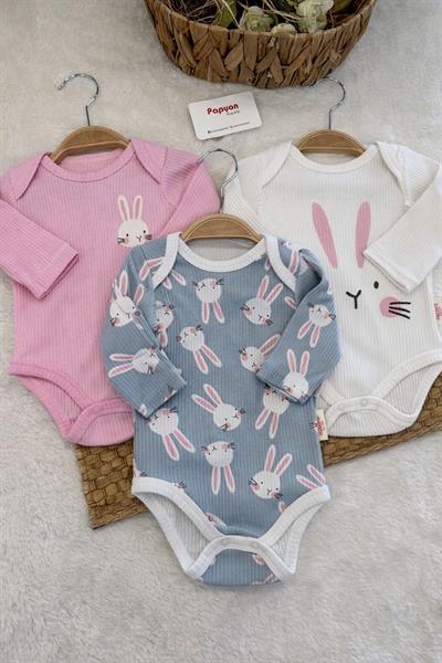 Brüksel Tavşan Baskılı Fitilli Kız Bebek 3lü Uzun Kollu Çıtçıtlı Badi Set (0-3/3-6 Ay)