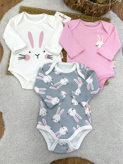 Brüksel Tavşan Baskılı Fitilli Kız Bebek 3lü Uzun Kollu Çıtçıtlı Badi Set (0-3/3-6 Ay)