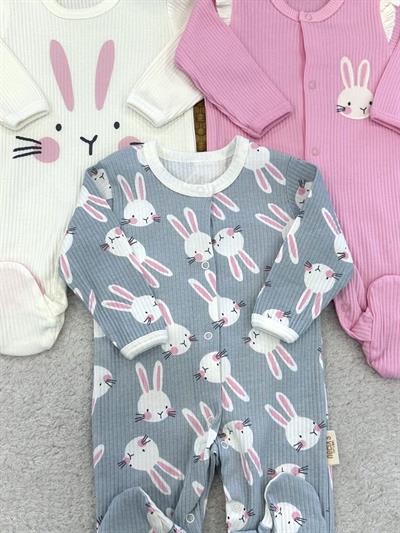 Brüksel Tavşan Baskılı Fitilli Kız Bebek 3lü Patikli Tulum Set (0-3/3-6 Ay)