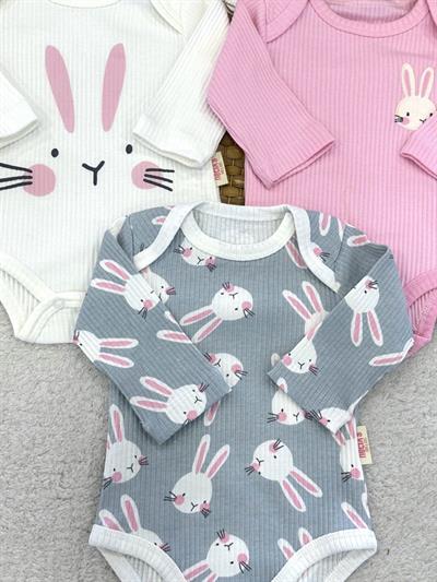 Brüksel Tavşan Baskılı Fitilli Kız Bebek 3lü Uzun Kollu Çıtçıtlı Badi Set (0-3/3-6 Ay)