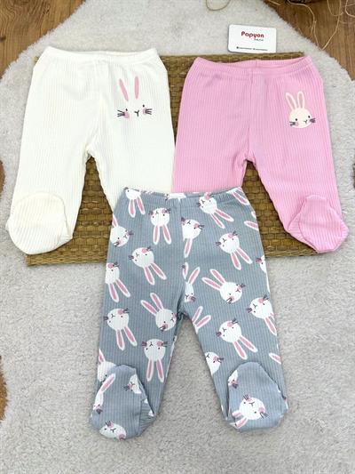 Brüksel Tavşan Baskılı Fitilli Kız Bebek 3lü Patikli Alt (0-3/3-6 Ay)