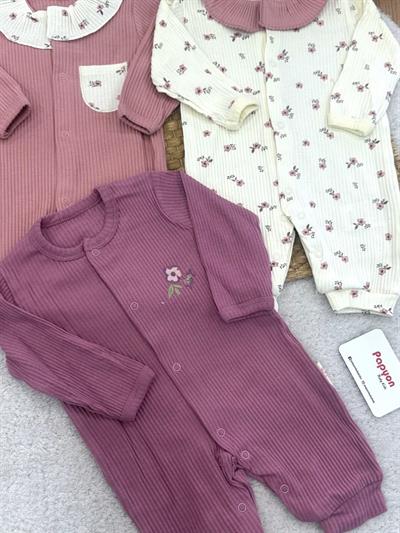 Budva Flowers Fitilli Kız Bebek Manşetli 3lü Tulum (0-3/3-6/6-9 Ay)