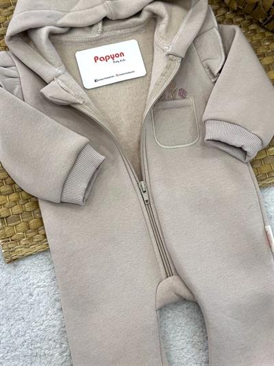 Cepte Çiçek Nakışlı Kapşonlu 3ip Şardonlu Kız Bebek Tulum (3-6/6-9/9-12 Ay)