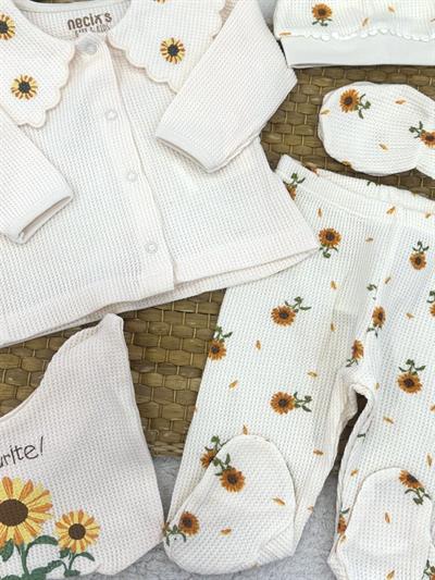 Çiçek Desenli Waffle Kumaş Yenidoğan Kız Bebek 5li Zıbın Set