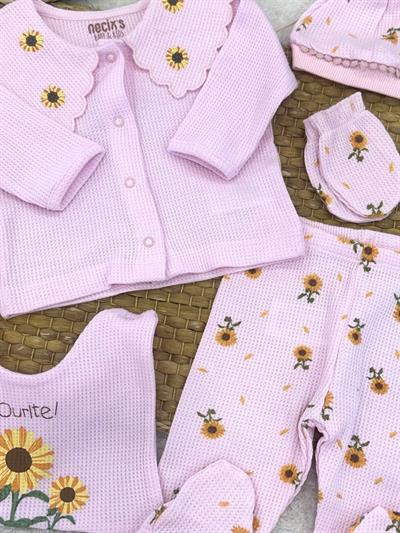 Çiçek Desenli Waffle Kumaş Yenidoğan Kız Bebek 5li Zıbın Set