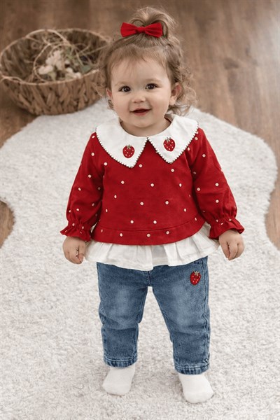 Çilek Nakışlı Yakalı Sweatli Kot Pantolonlu Kız Bebek Takım (6-9/9-12/12-18/18-24 Ay)