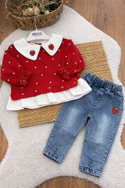 Çilek Nakışlı Yakalı Sweatli Kot Pantolonlu Kız Bebek Takım (6-9/9-12/12-18/18-24 Ay)