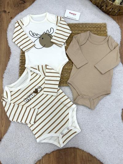 Çizgili Geyik Baskılı Erkek Bebek Uzun Kollu 3lü Çıtçıtlı Badi (0-3/3-6/6-9 Ay)