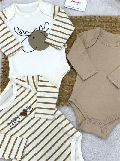 Çizgili Geyik Baskılı Erkek Bebek Uzun Kollu 3lü Çıtçıtlı Badi (0-3/3-6/6-9 Ay)