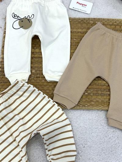 Çizgili Geyik Baskılı Erkek Bebek 3lü Manşetli Alt Pantolon (0-3/3-6/6-9 Ay)