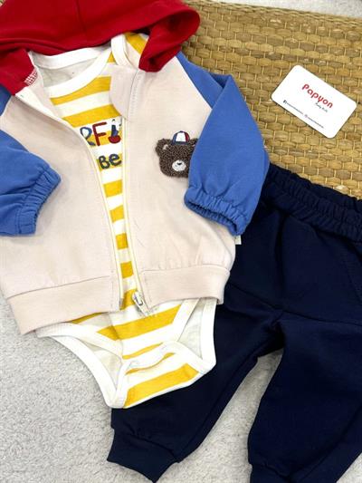 Colorful Süzene Ayıcık Nakışlı Kapşonlu Hırkalı Erkek Bebek 3lü Takım (3-6/6-9 Ay)