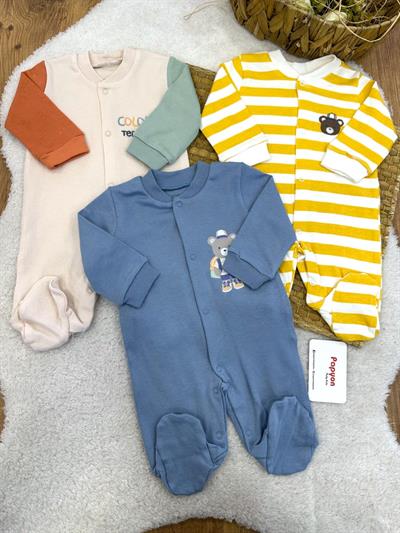 Colorful Tedy Nakışlı Erkek Bebek 3lü Tulum Set 0-3/3-6 Ay