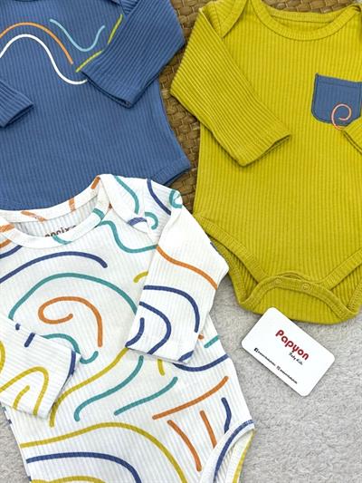 Different Way Fitilli Erkek Bebek Uzun Kollu 3lü Çıtçıtlı Badi (0-3/3-6 Ay)