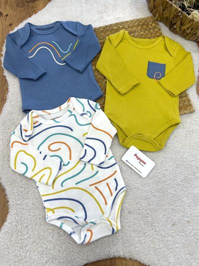 Different Way Fitilli Erkek Bebek Uzun Kollu 3lü Çıtçıtlı Badi (0-3/3-6 Ay)